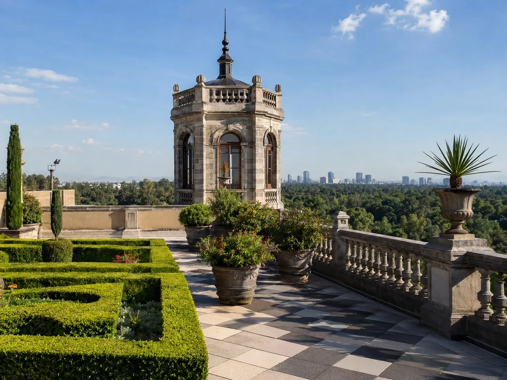 The roof-garden terrace at Chapult&eacute;pec Castle looking down Paseo de la Reforma